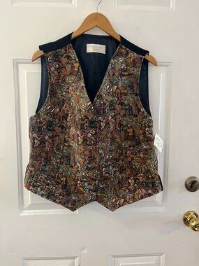 Gobelins Art Creations Medieval Tapestry Brussels Village Scene Vest Sz XXL